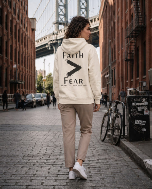 Faith Is Greater: Fear™ — Premium Christian Fleece Hoodie — Sandshell