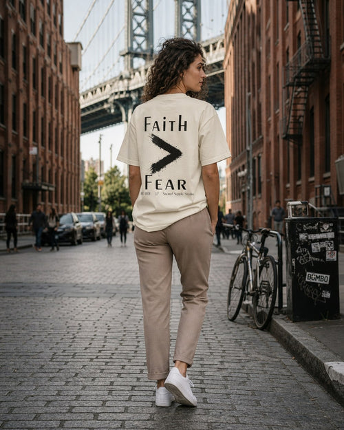 Faith Is Greater: Fear™ — Heavyweight Christian Tee — Cream