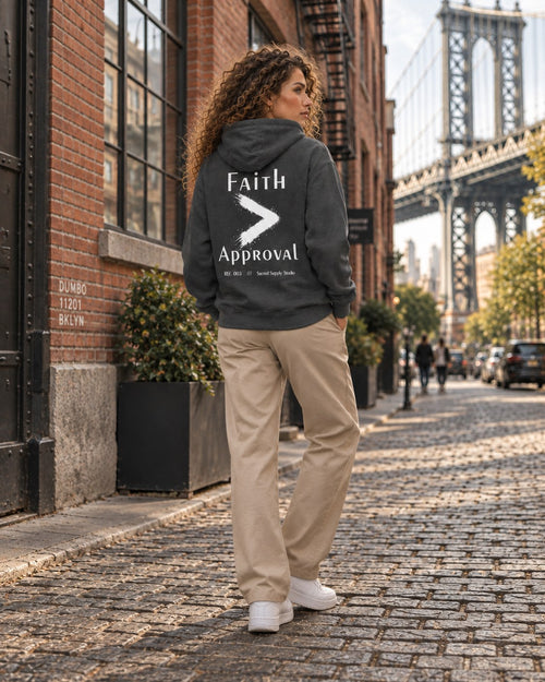 Faith > Approval — Heavyweight Christian Pullover Hoodie — Charcoal Heather