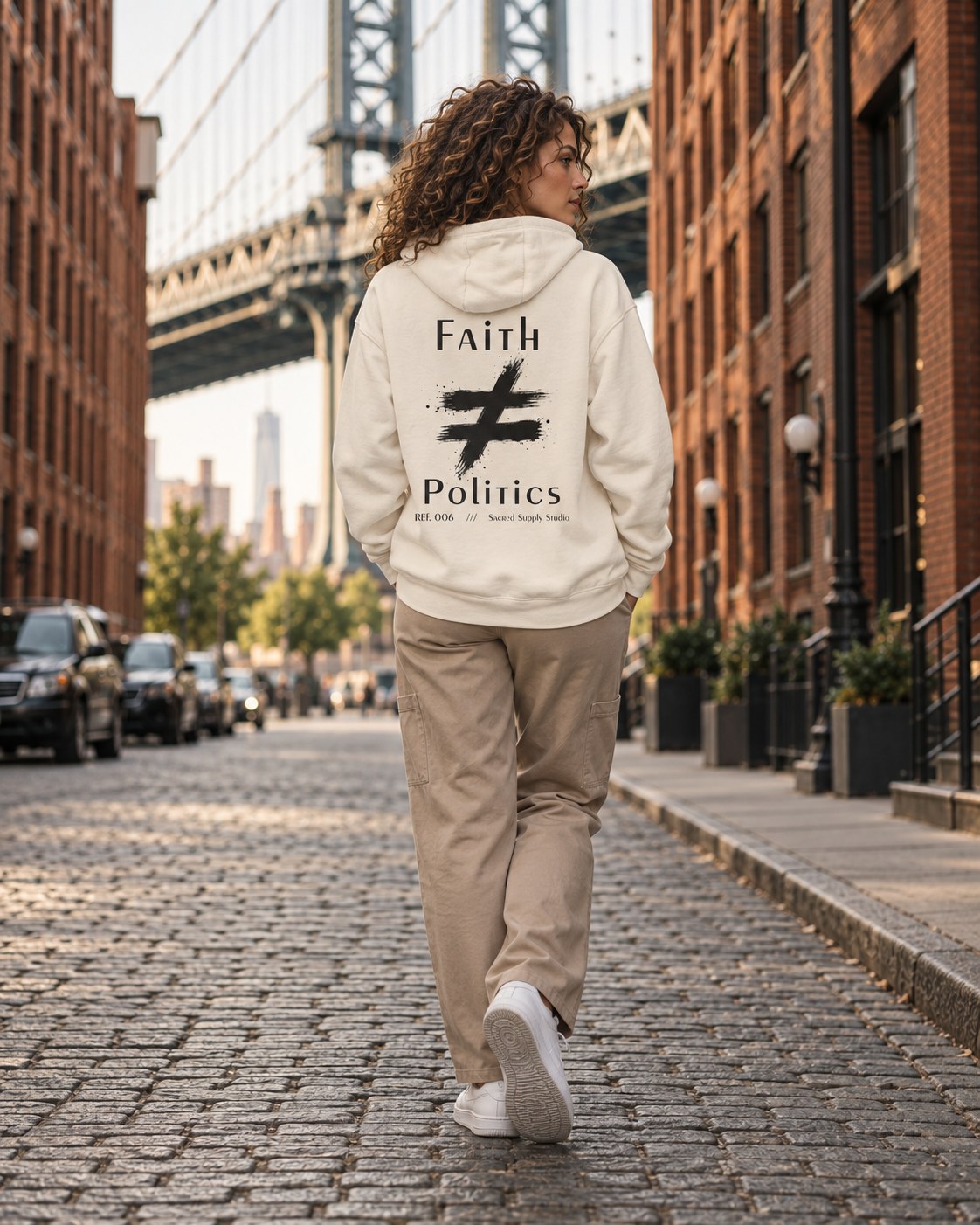 Faith ≠ Politics — Heavyweight Christian Pullover Hoodie — Sandshell