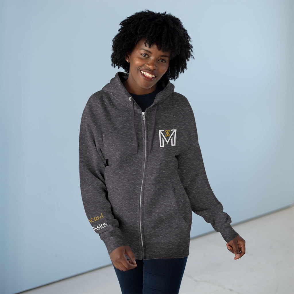 Sacred Mission Great Commission zip hoodie back detail — Christian mission apparel