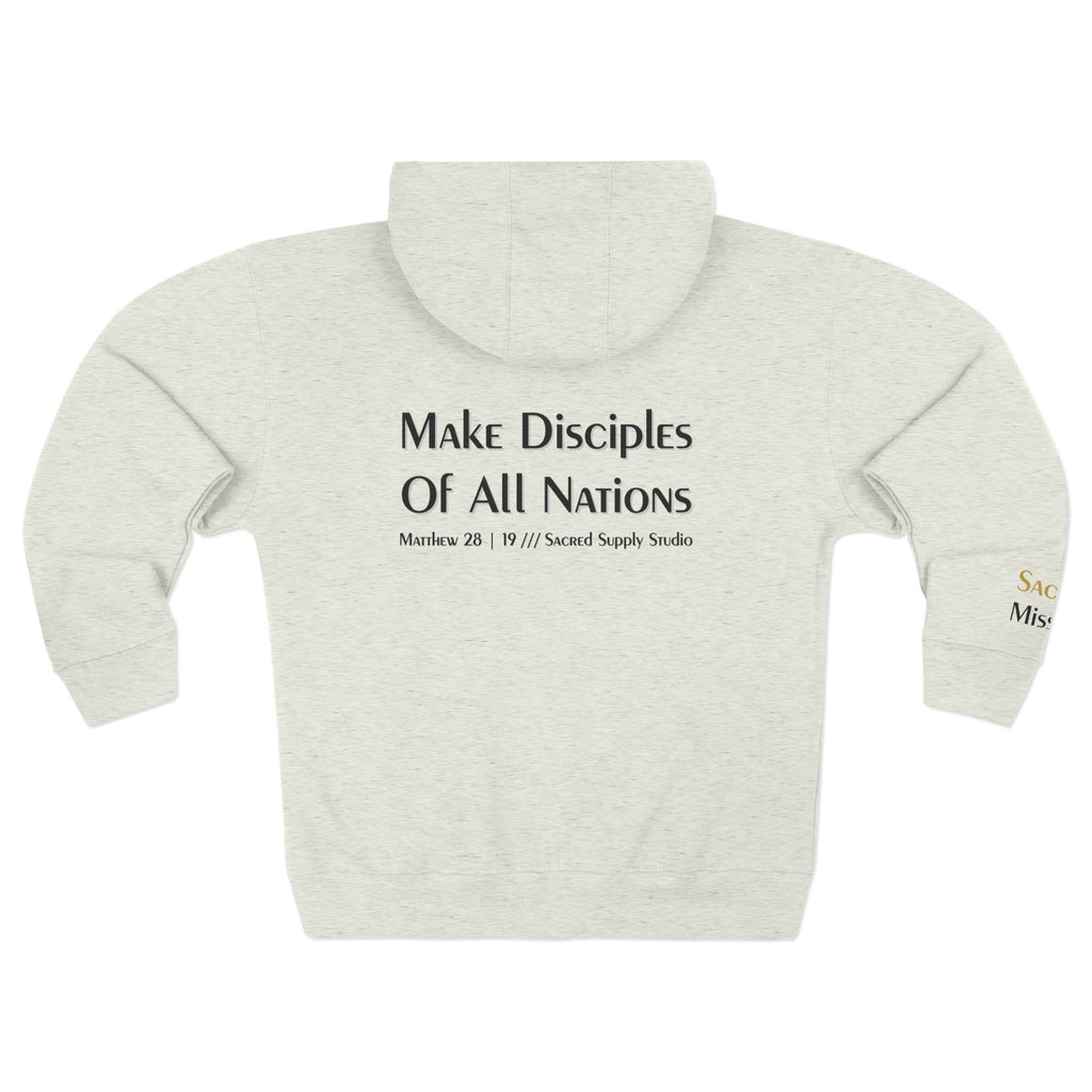 Sacred Mission Great Commission zip hoodie lifestyle — faith streetwear that funds missions