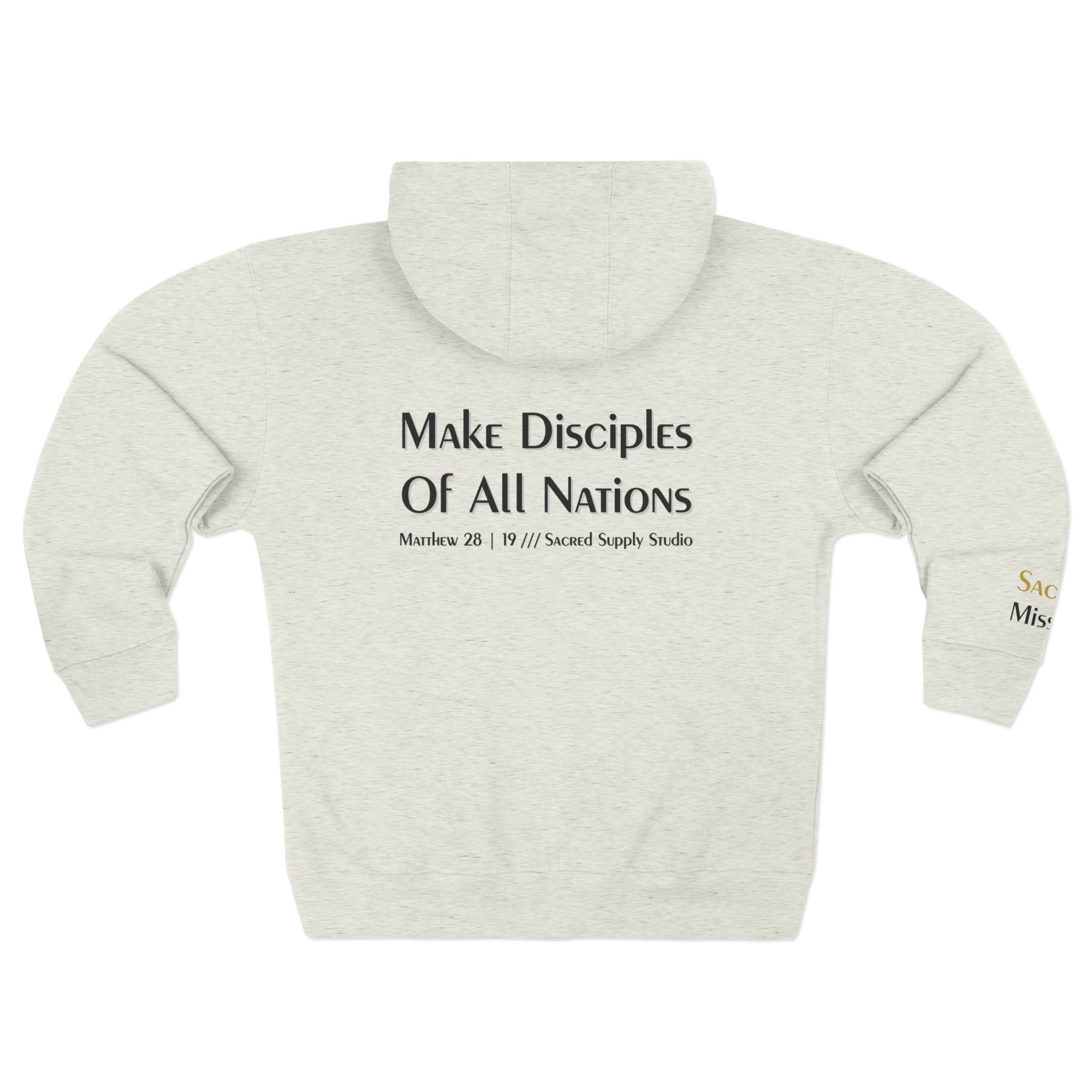 Sacred Mission Great Commission zip hoodie lifestyle — faith streetwear that funds missions