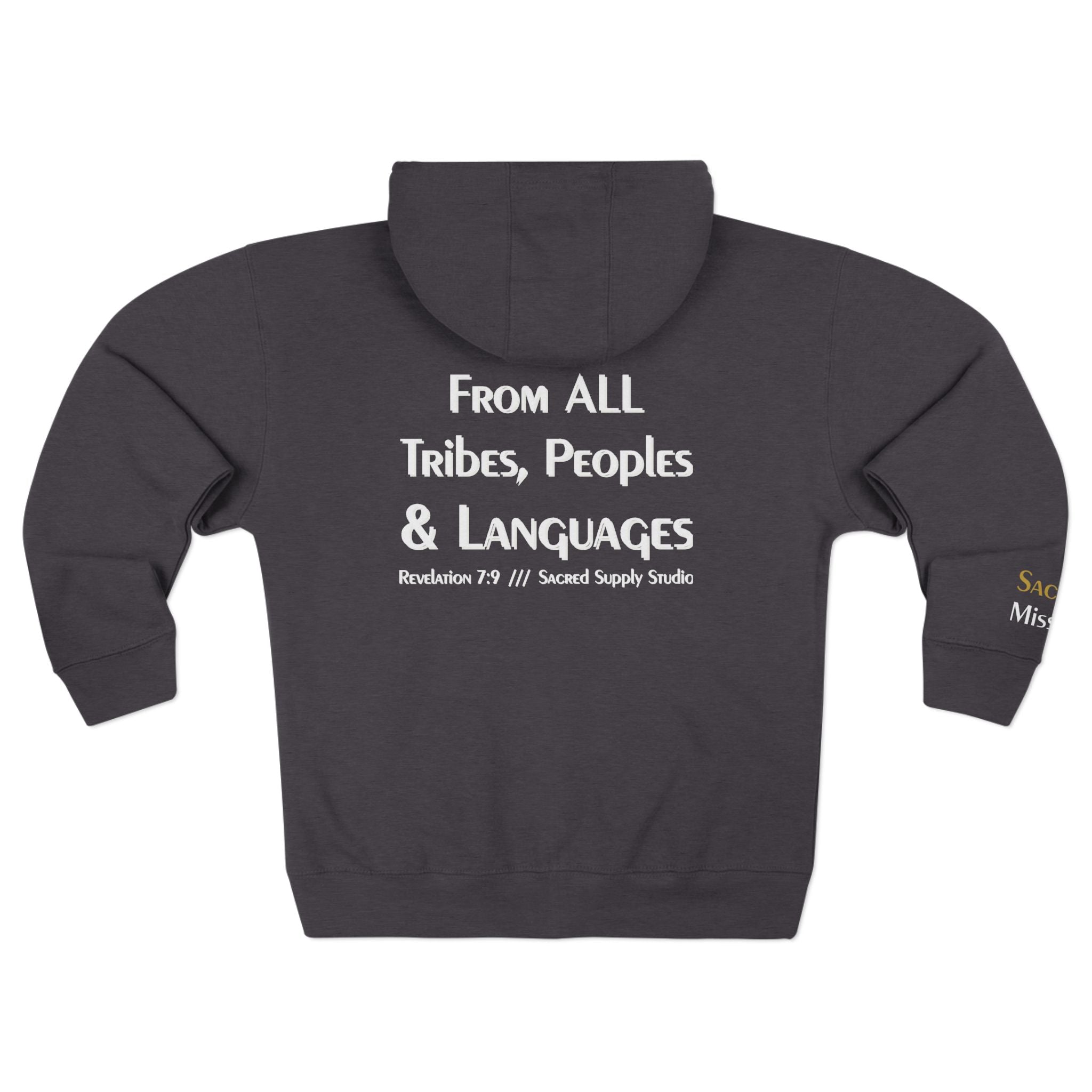 Sacred Mission Revelation 7:9 zip hoodie lifestyle — faith streetwear that funds missions