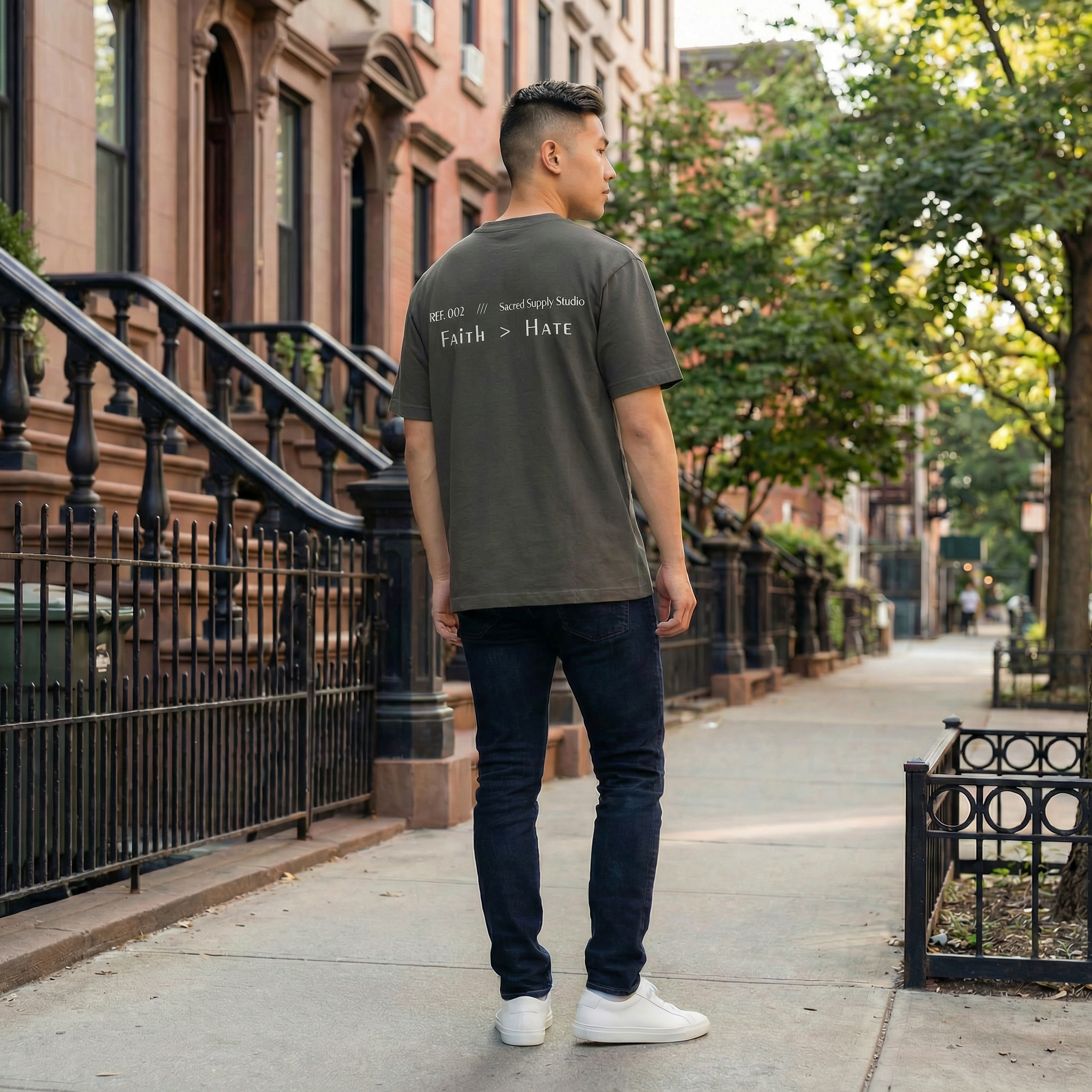 Faith Over Hate heavyweight tee back design — Sacred Supply Studio Christian streetwear