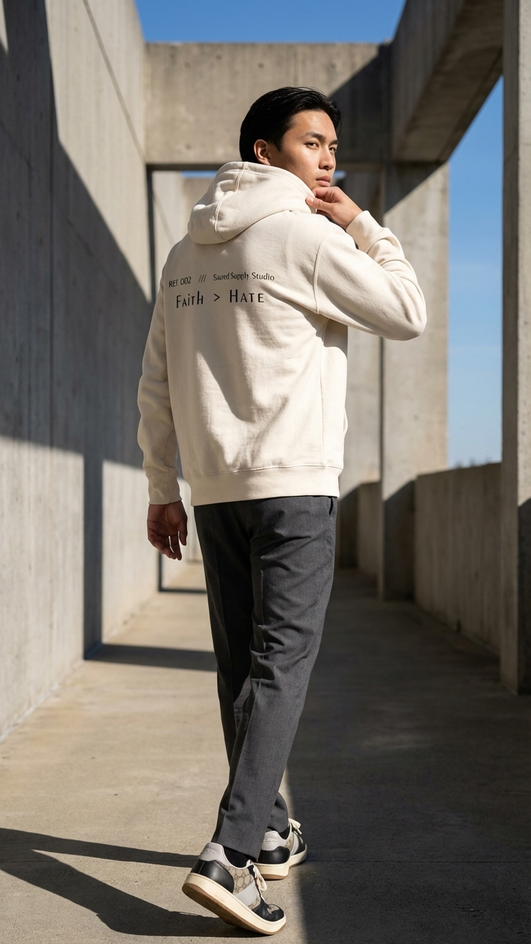 Faith Is Greater: Hate™ Hoodie — Cream Detail
