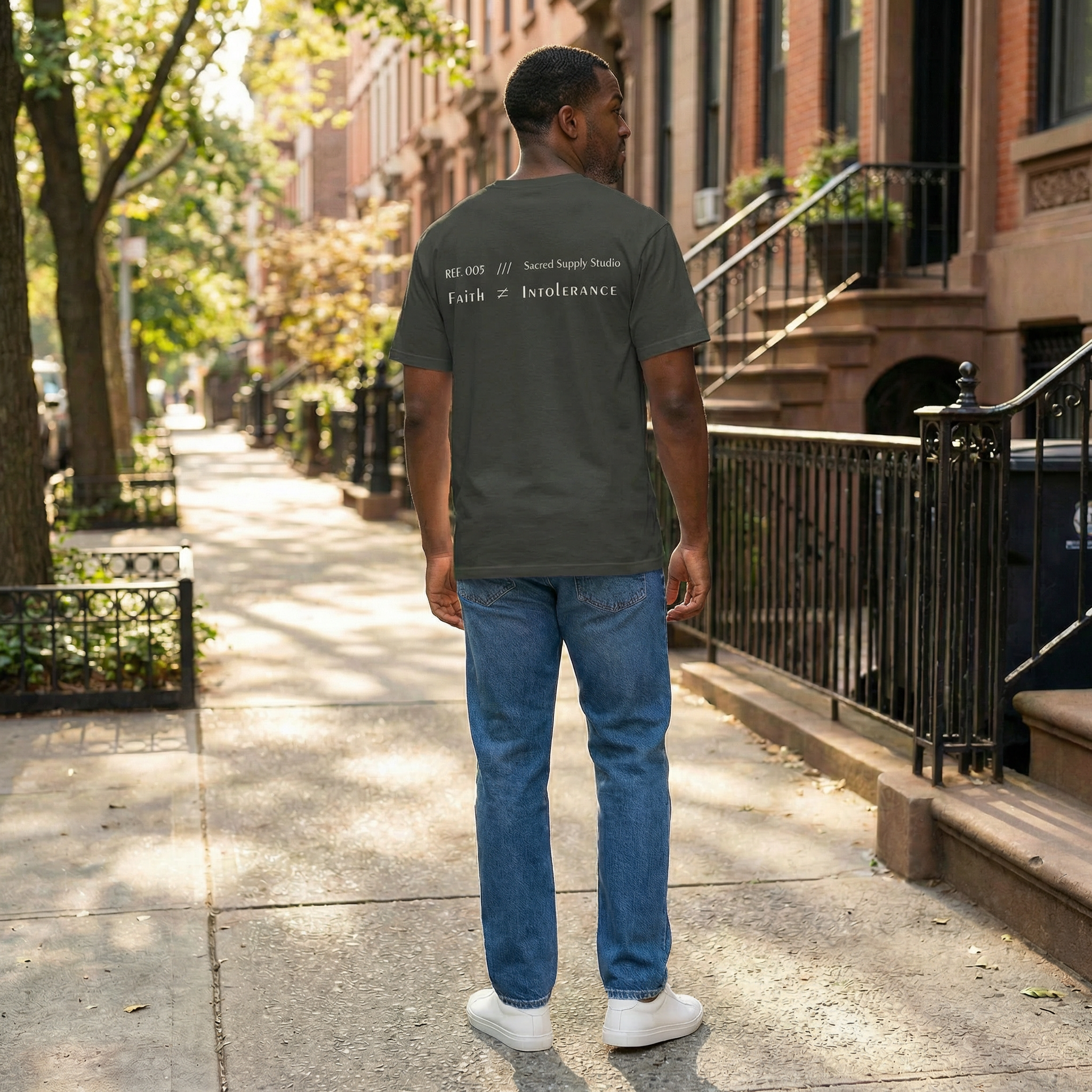 Faith Isn't Intolerance heavyweight tee back design — Sacred Supply Studio Christian streetwear