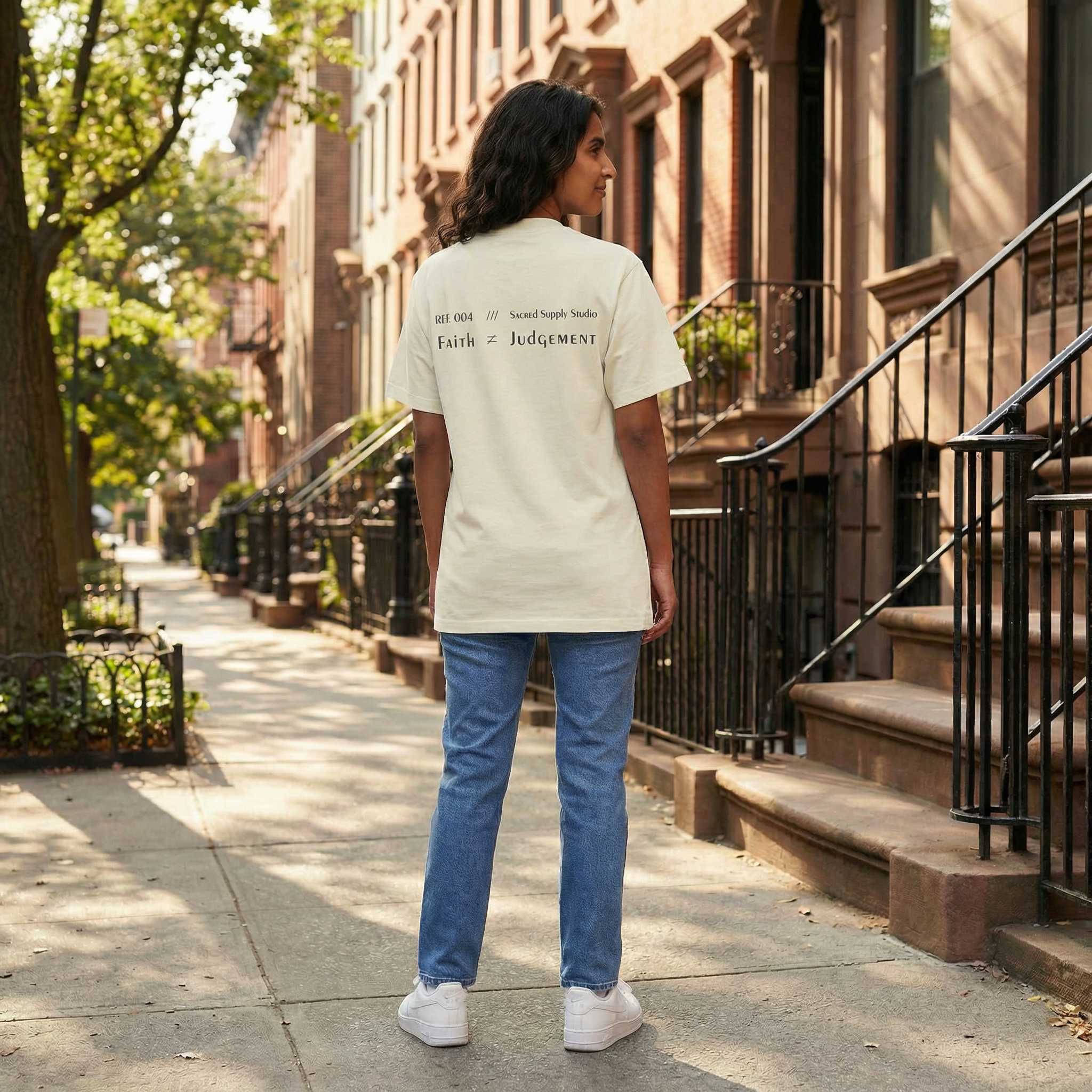 Faith Isn't Judgment heavyweight tee back design — Sacred Supply Studio Christian streetwear